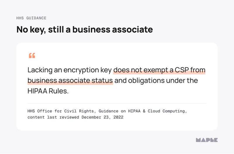Excerpt from the HHS Office for Civil Rights Guidance on HIPAA & Cloud Computing, content last reviewed December 23, 2022: “Lacking an encryption key does not exempt a CSP from business associate status and obligations under the HIPAA Rules.”