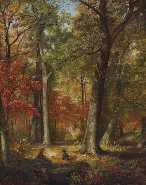 Autumn woodland painting with trees and a path by William Trost Richards